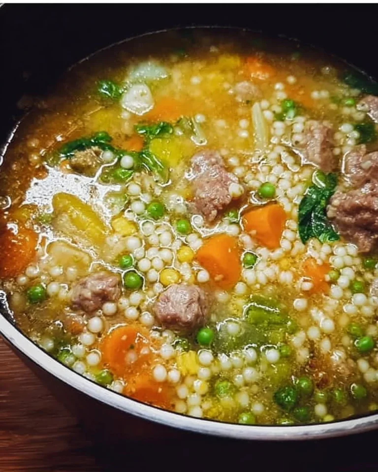 Eine Schüssel Graupensuppe mit frischen Kräutern und Gemüse