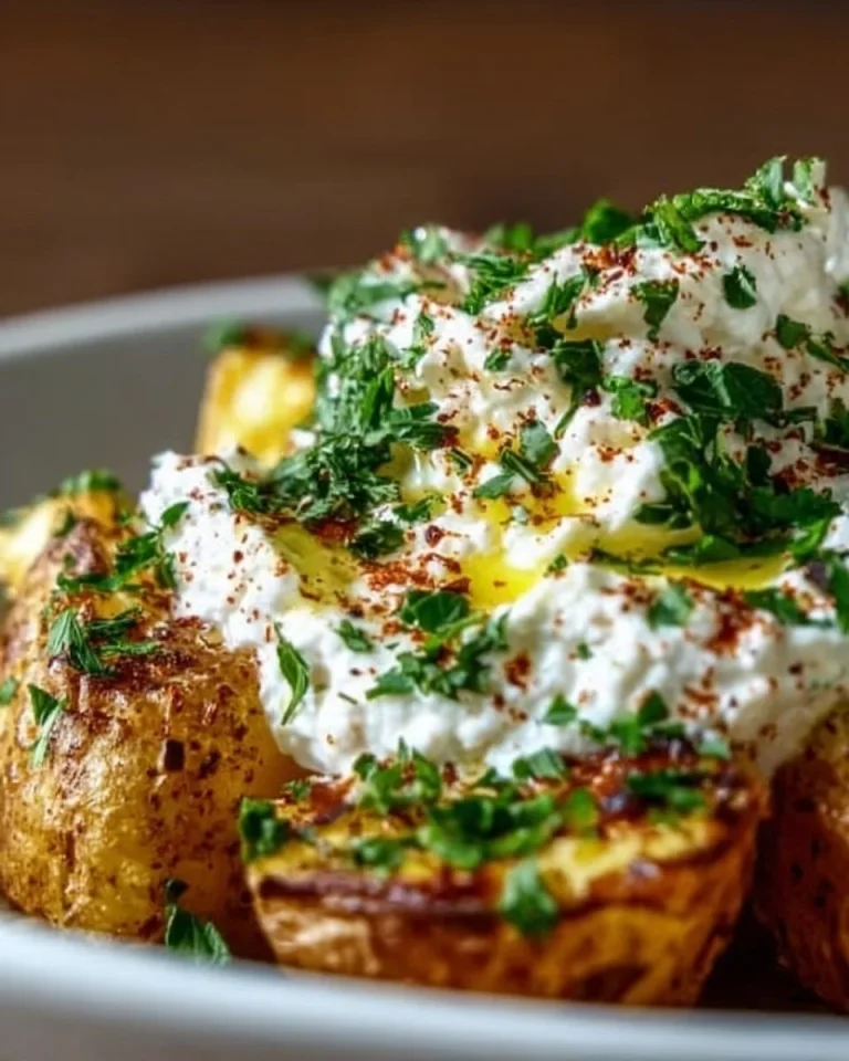 Griechische Ofenkartoffeln mit geschlagenem Feta auf einem Teller serviert.