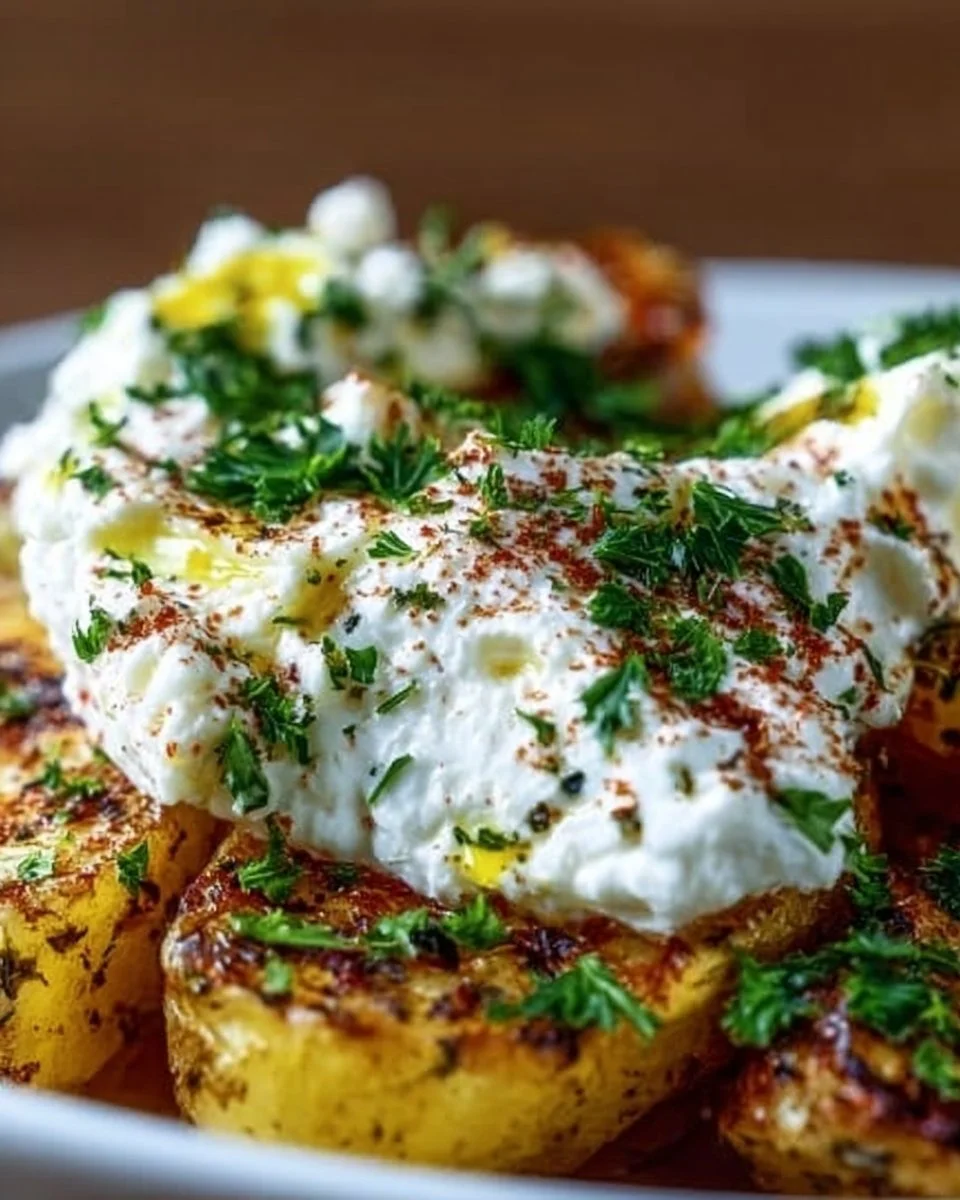 Griechische Ofenkartoffeln mit geschlagenem Feta auf einem Teller serviert.