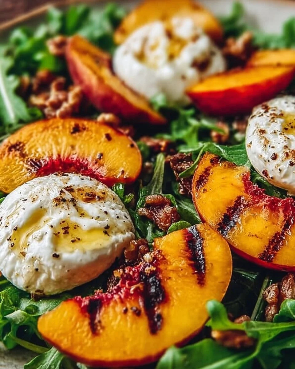 Grilled Peach Burrata Salad mit Honig-Zitronen-Dressing auf einem Teller