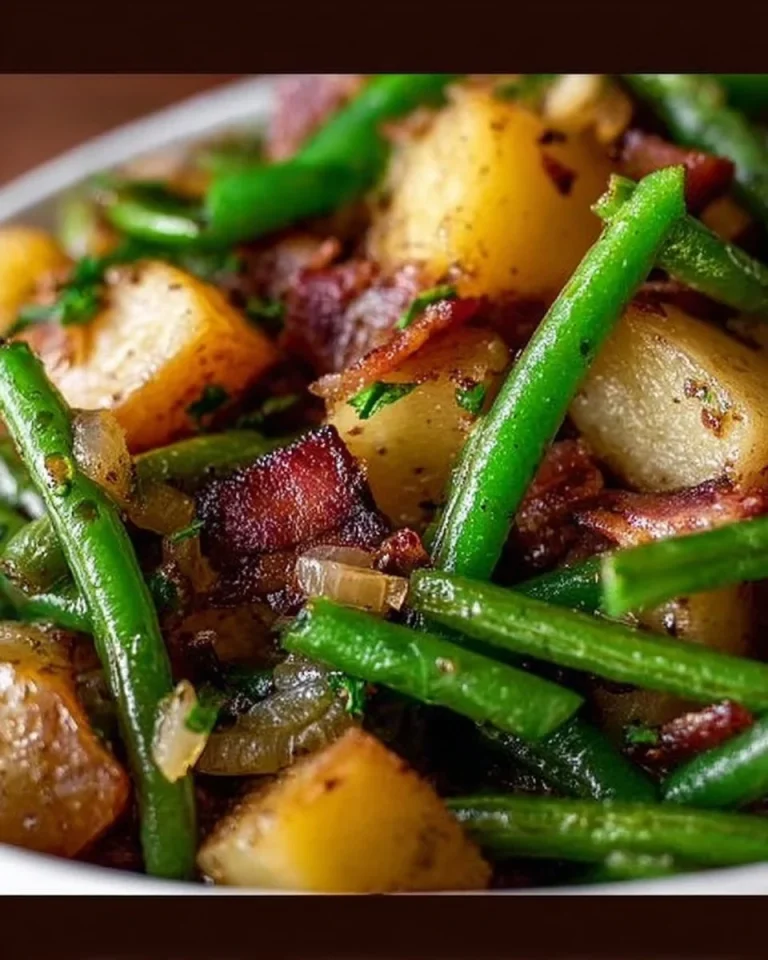 Grüne Bohnen mit Kartoffeln, geräuchertem Speck und Zwiebeln auf einem Teller