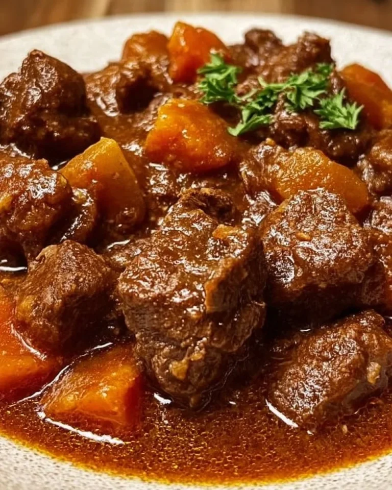 Das leckere Gulaschgericht in einem pottschaudenden Teller serviert.