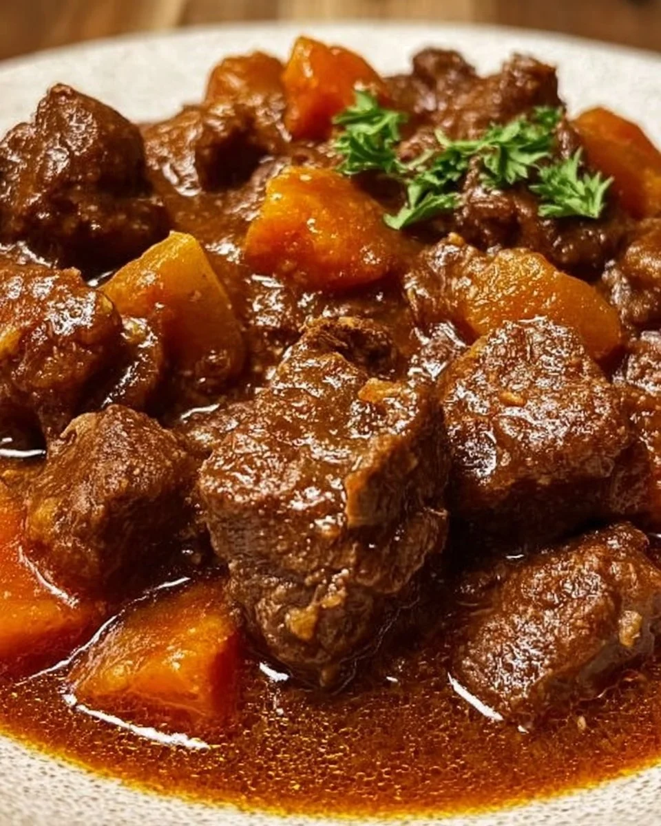 Das leckere Gulaschgericht in einem pottschaudenden Teller serviert.