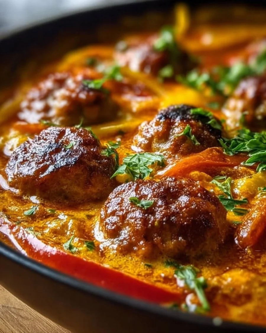 Hackbällchen in würziger Paprikasoße serviert auf einem Teller