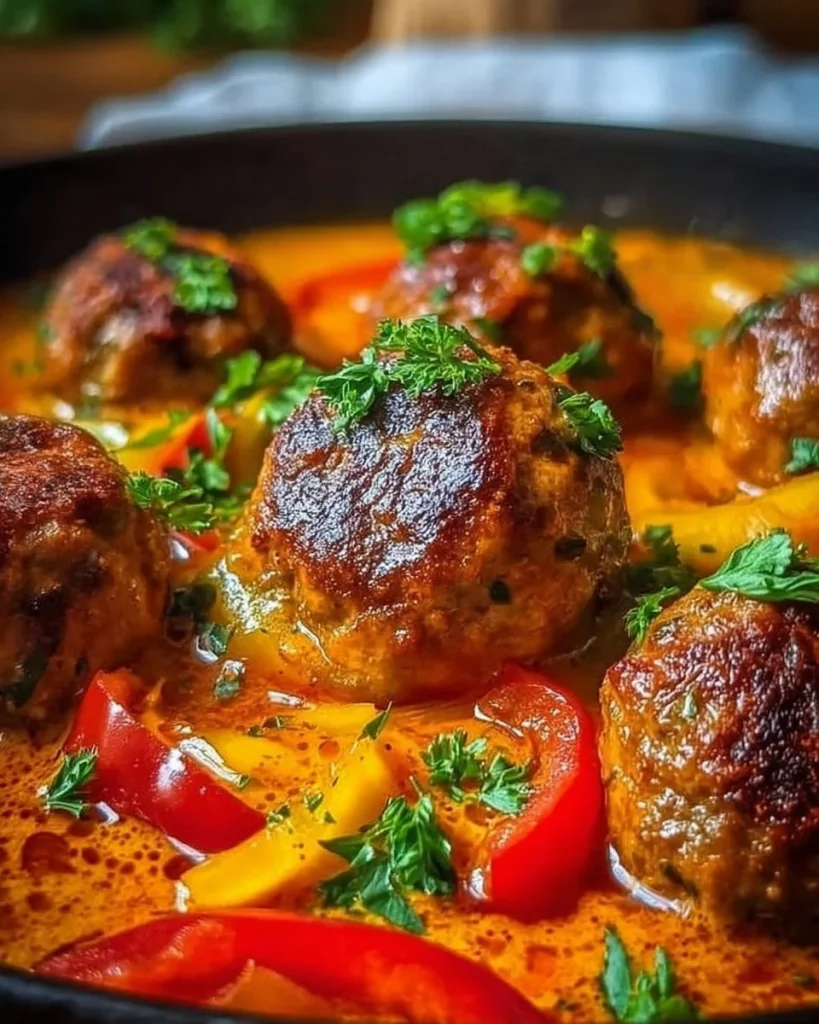 Hackbällchen in cremiger Paprikasoße serviert auf einem Teller