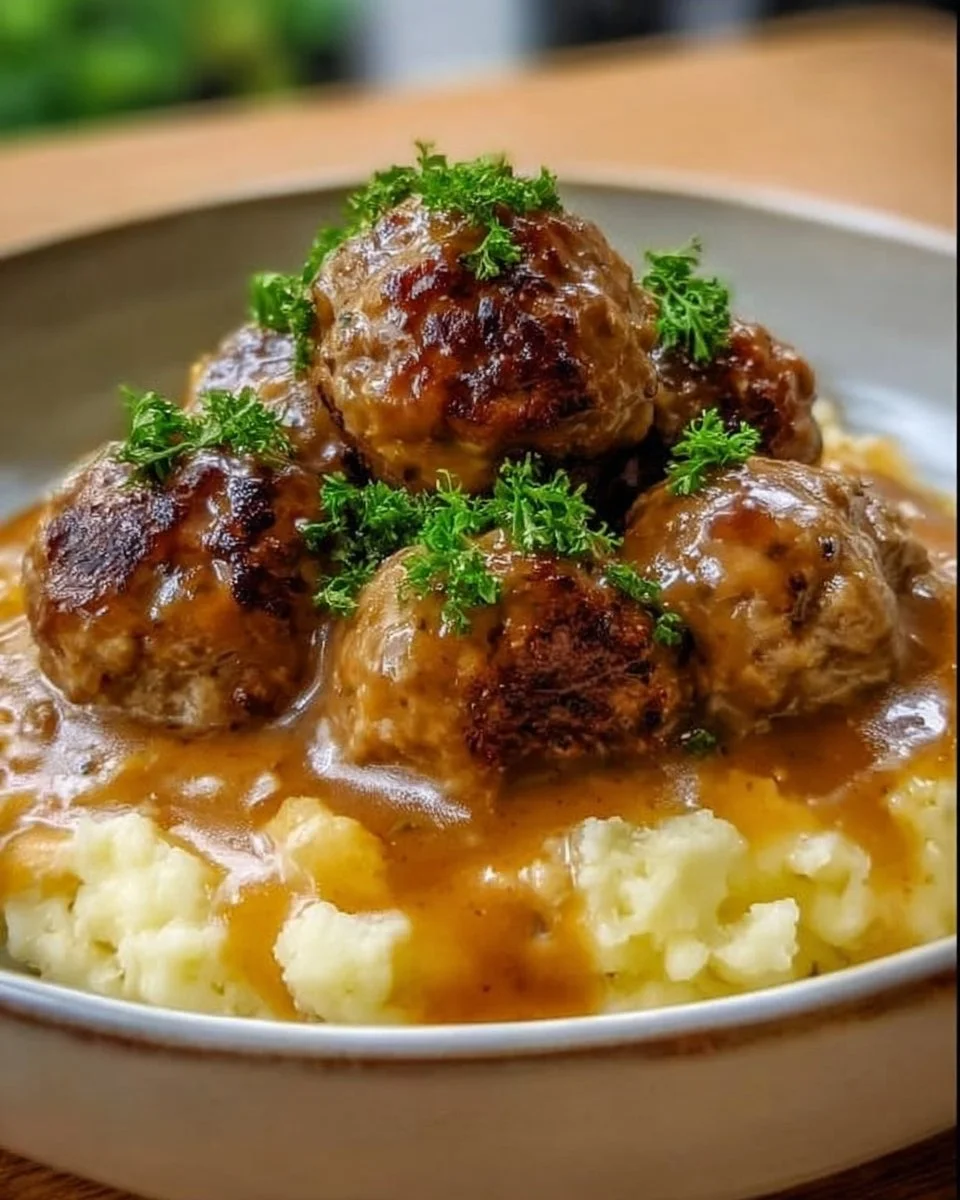 Hackbällchen in cremiger Sauce mit Kartoffelpüree auf einem Teller