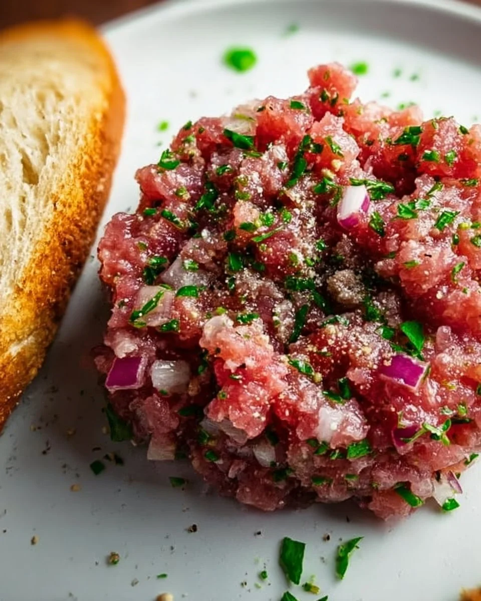 Schüssel mit Hackepeter, einer deutschen Tatarspeise, serviert mit Zwiebeln und Gewürzen.