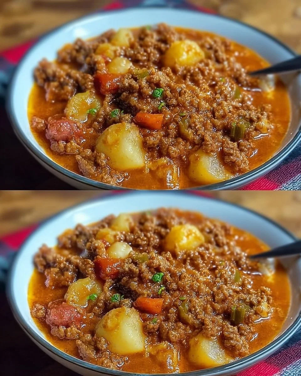 Leckerer Hackfleisch-Kartoffeltopf mit frischen Zutaten zubereitet.