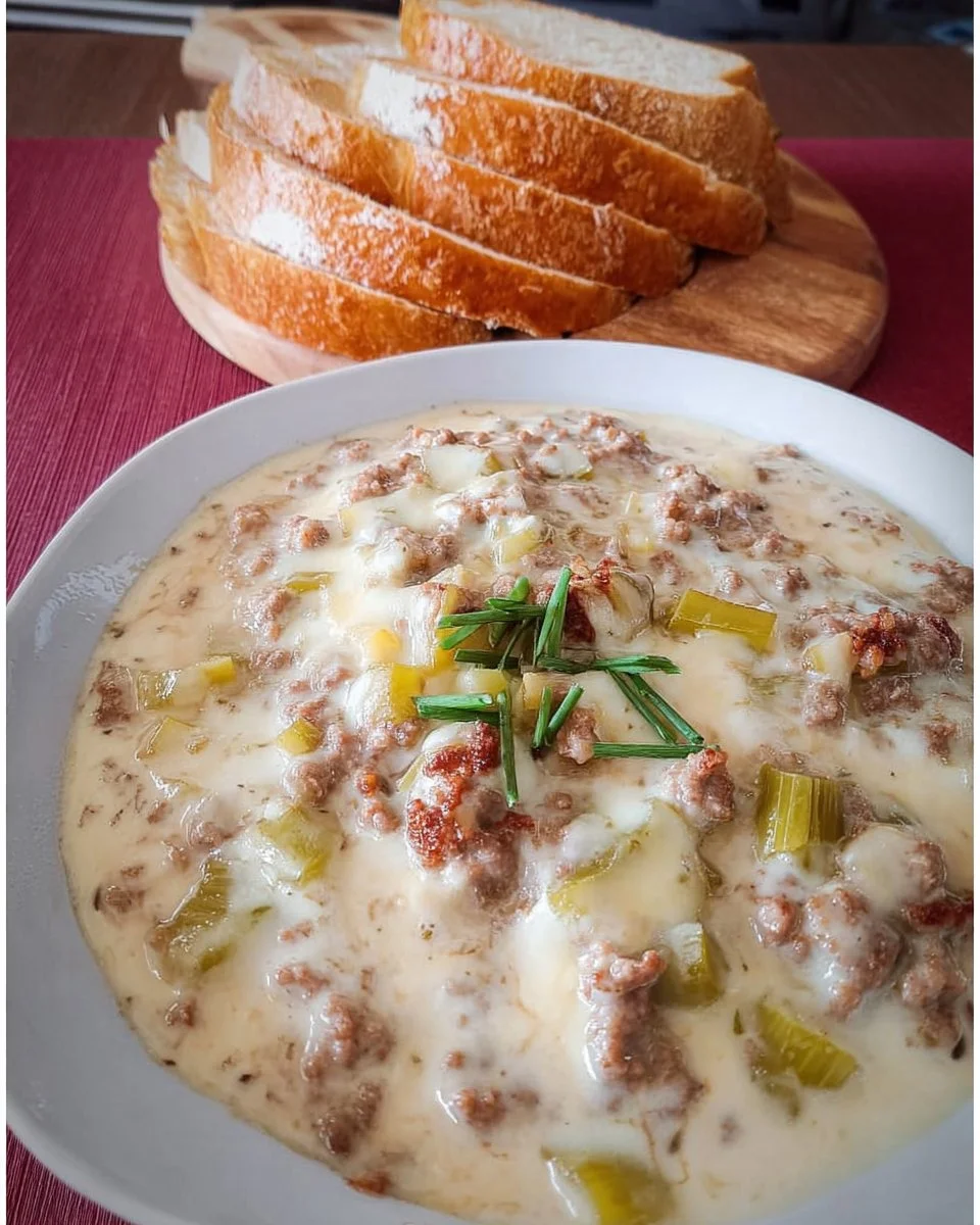 Schüssel mit Hackfleisch-Käse-Lauch Suppe, ein herzhaftes deutsches Gericht