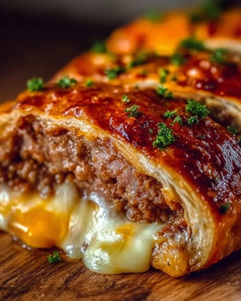 Leckere Hackfleisch-Käse-Rolle, frisch aus dem Ofen mit geschmolzenem Käse