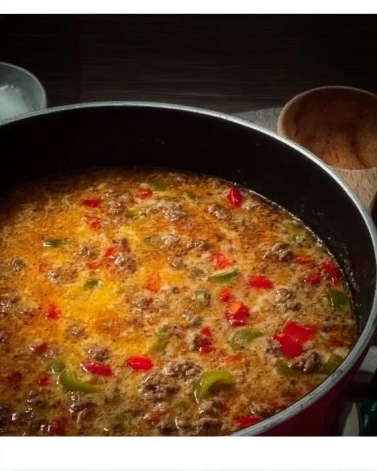 Eine dampfende Schüssel Hackfleischsuppe mit frischem Gemüse und Gewürzen.