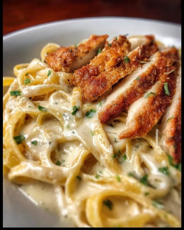Hähnchen Alfredo mit Fettuccine auf einem Teller serviert