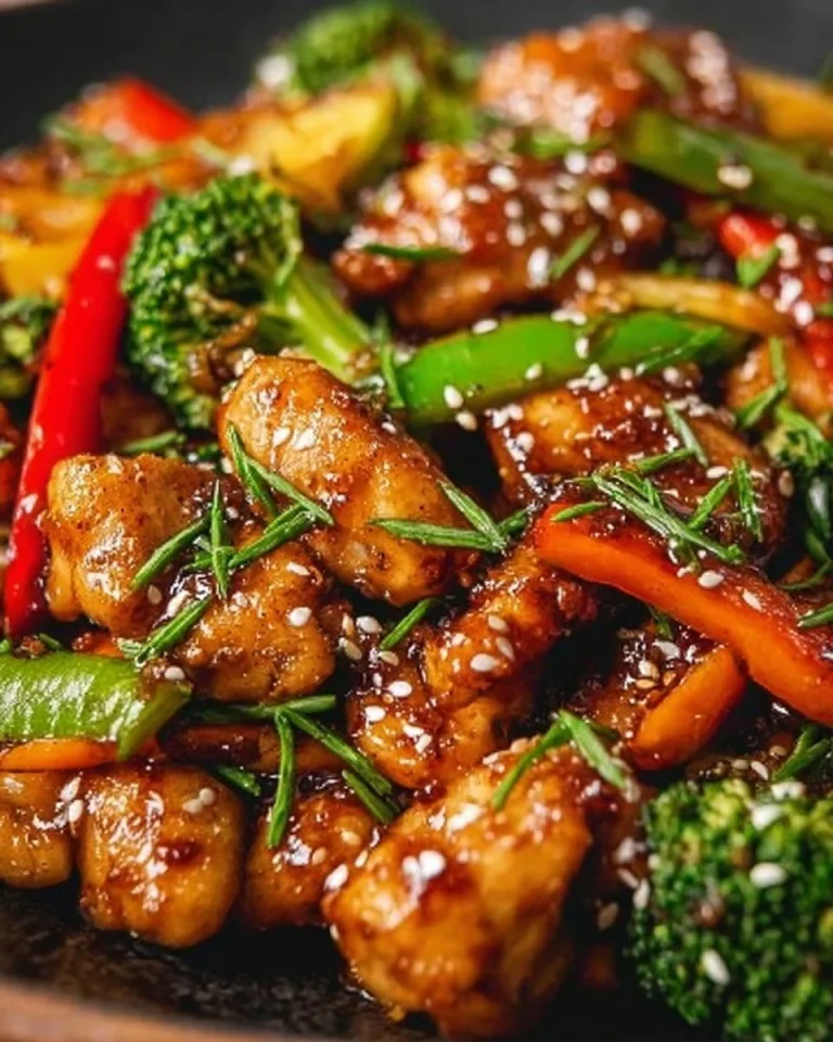 Hähnchen mit Gemüse in Honig-Soja-Sauce auf einem Teller serviert.