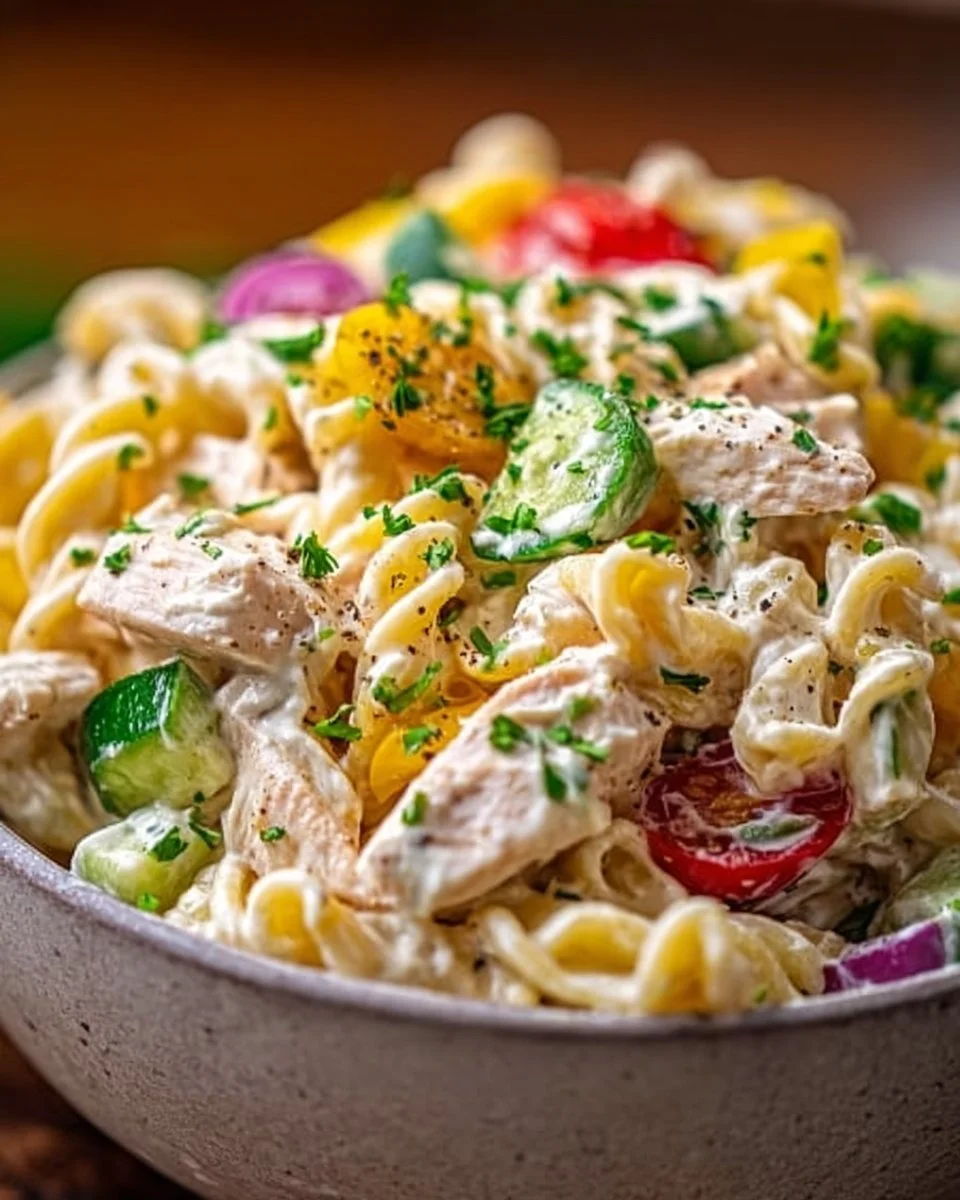 Hähnchen-Ranch-Nudelsalat mit frischen Zutaten und Dressing in einer Schüssel