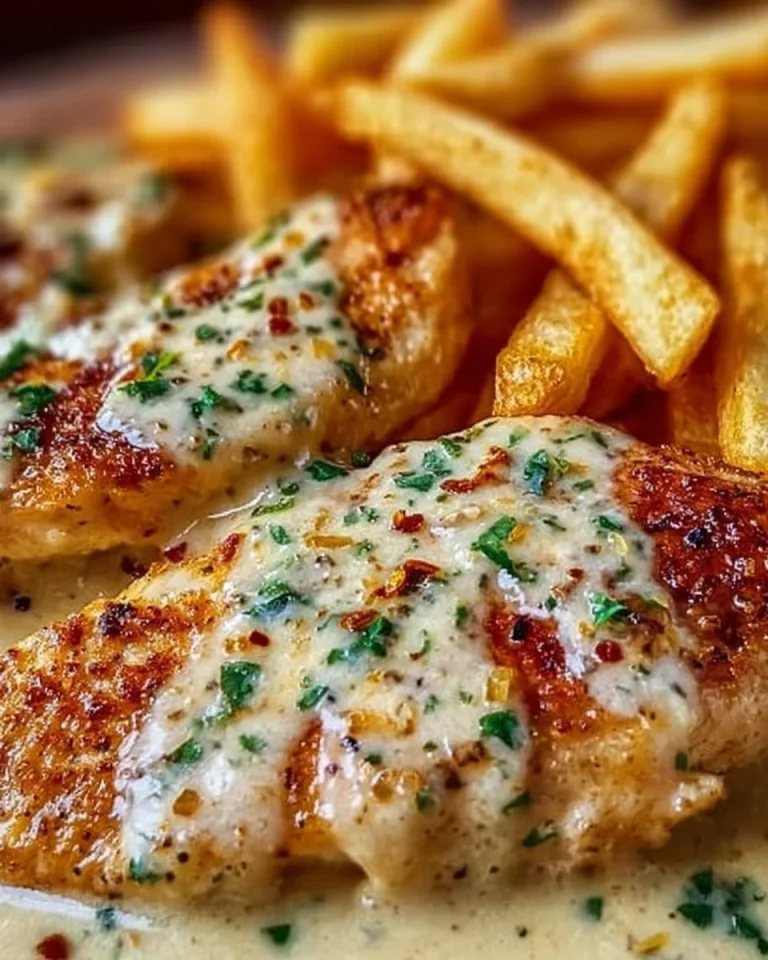 Hähnchenfilet in cremiger Knoblauch-Parmesan-Sauce mit knusprigen Pommes Frites