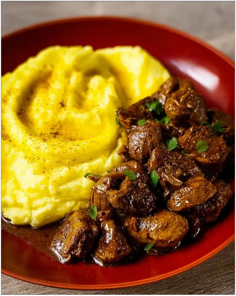 Hähnchenleber mit cremigem Kartoffelpüree serviert auf einem Teller.