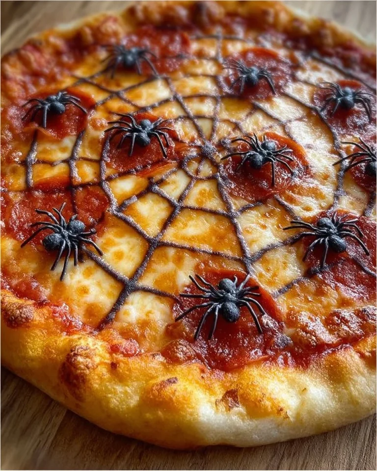 Halloween-Pizza mit Spinnennetz, dekoriert für eine gruselige Party