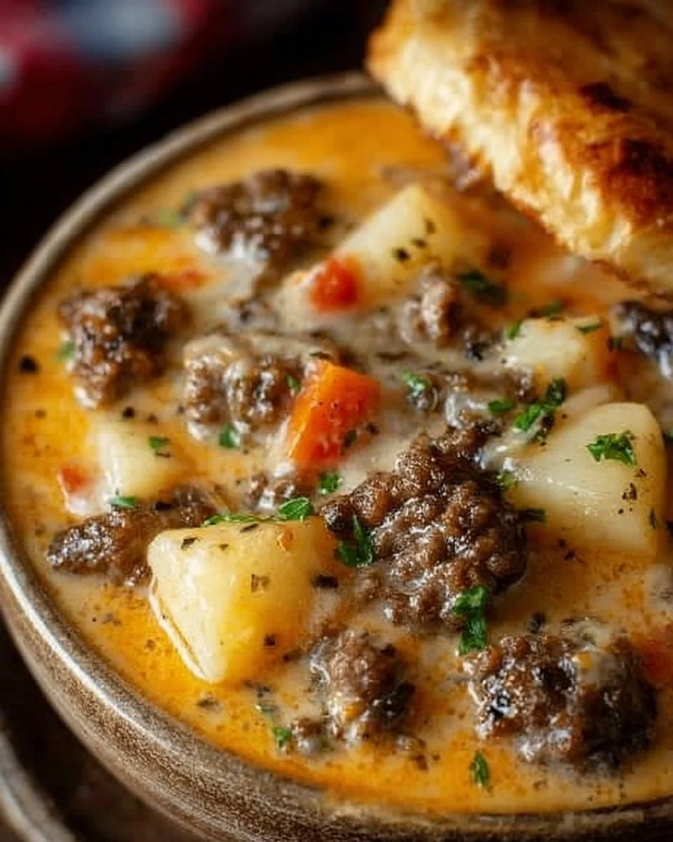 Schüssel mit köstlicher Hamburger Suppe, ein herzhaftes Rezept für kalte Tage.