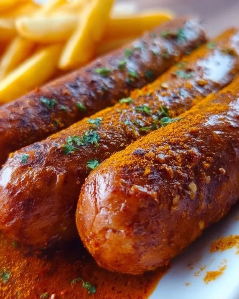 Hausgemachte Currywurst mit würziger Sauce auf einem Teller serviert.