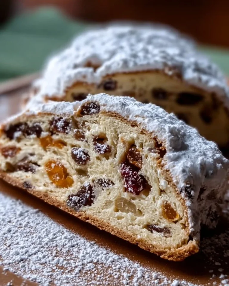 Hausgemachter Stollen mit Früchten und Nüssen auf einem rustikalen Tisch