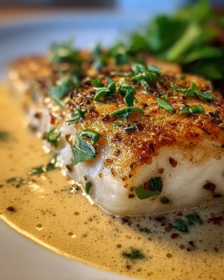 Heilbutt in Weißweinsauce auf einem Teller serviert mit frischen Kräutern.