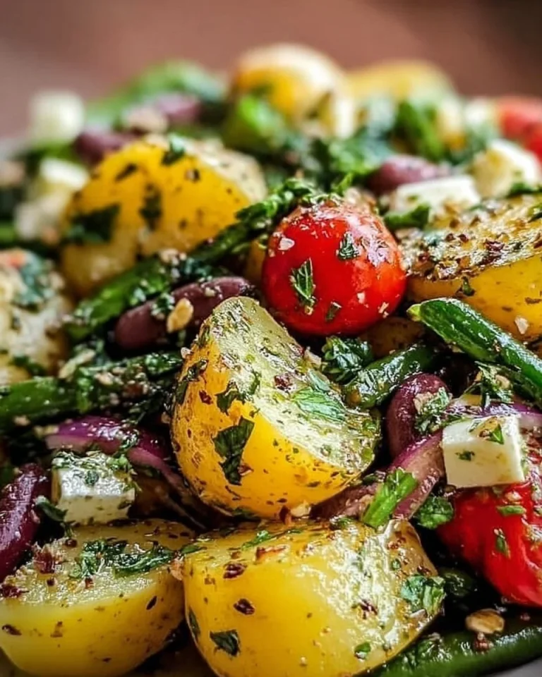 Kräuter-Kartoffelsalat mit Bohnen in einer bunten Schüssel serviert.