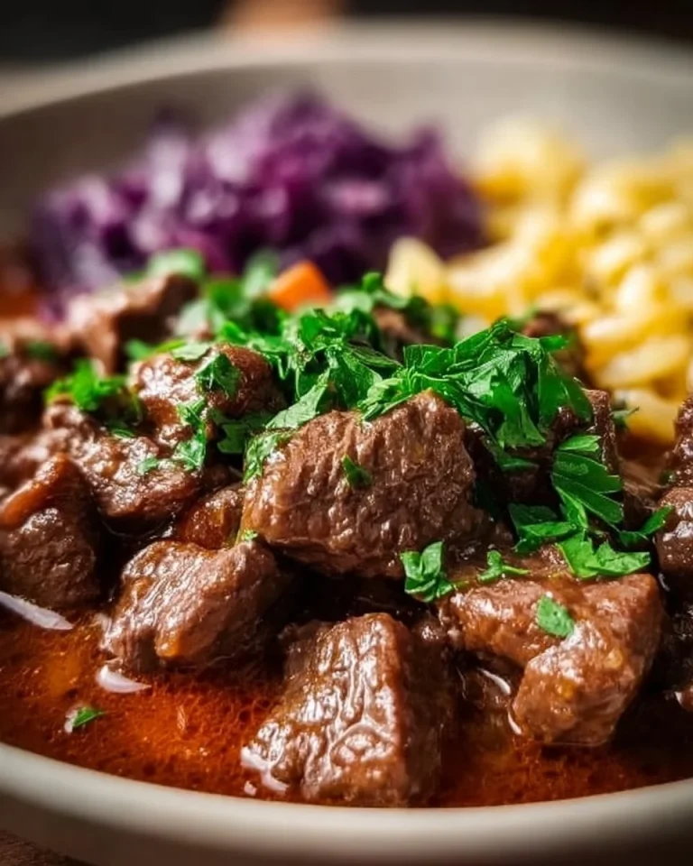 Ein Teller Hirschgulasch serviert mit Beilagen, appetitlich angerichtet.