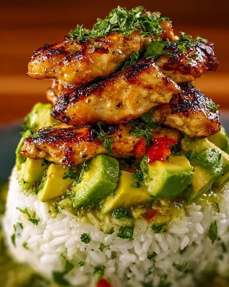 Köstliches Honey-Lime Chicken mit Avocado-Reis-Stack auf einem Teller.
