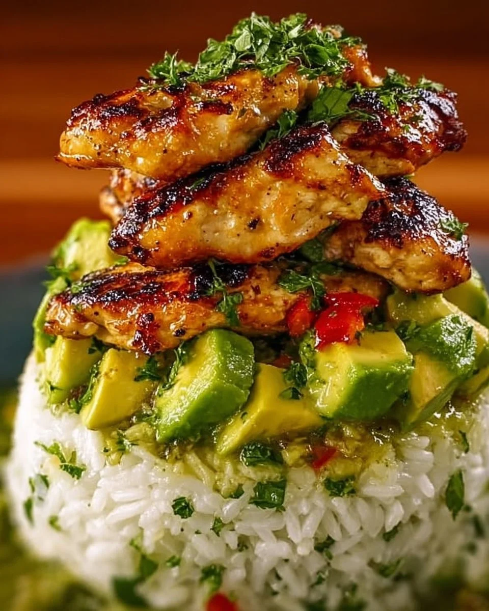 Köstliches Honey-Lime Chicken mit Avocado-Reis-Stack auf einem Teller.