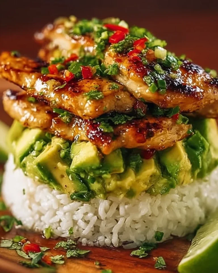 Honey-Lime Chicken mit Avocado-Reis-Stapel auf einem Teller angerichtet