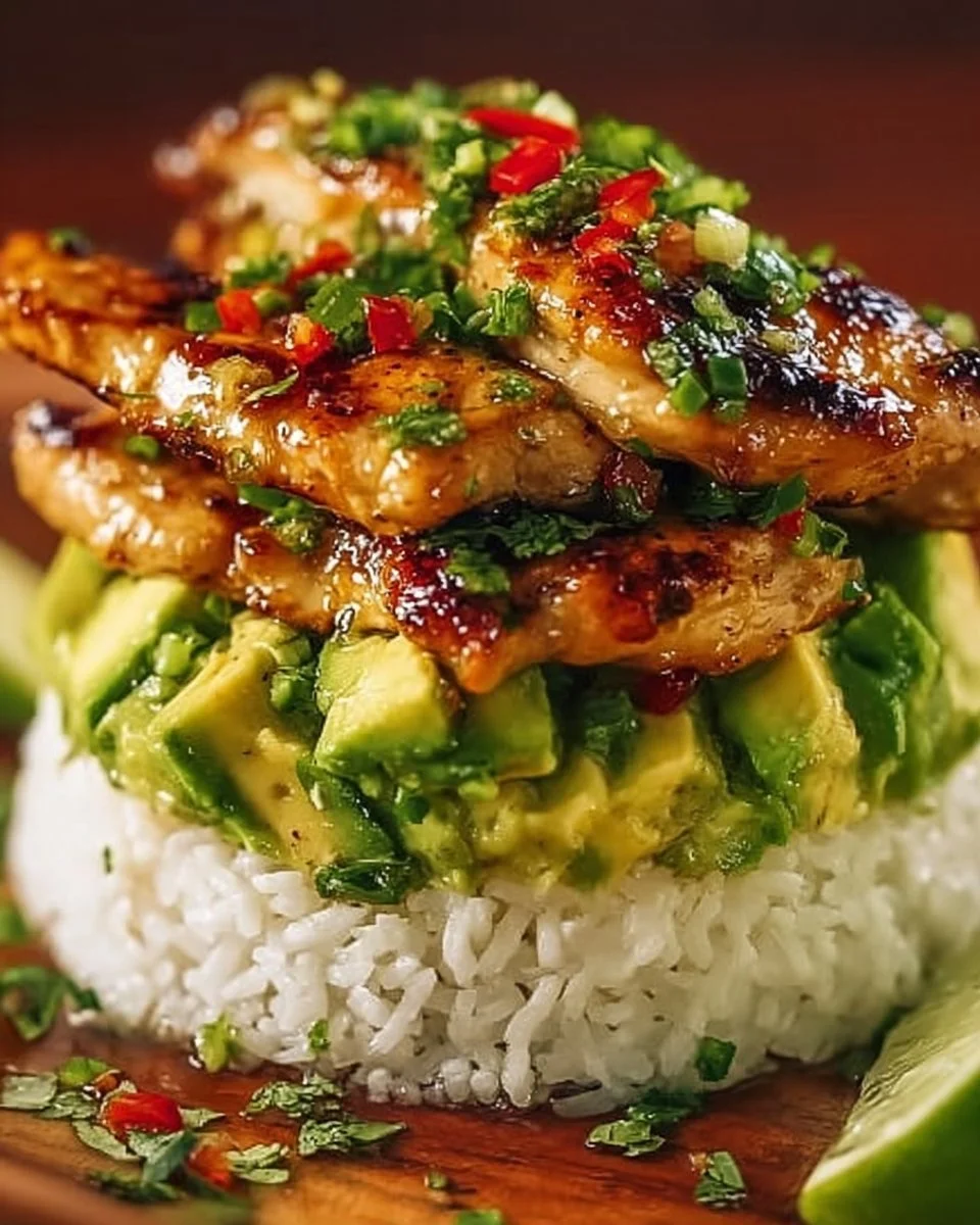 Honey-Lime Chicken mit Avocado-Reis-Stapel auf einem Teller angerichtet