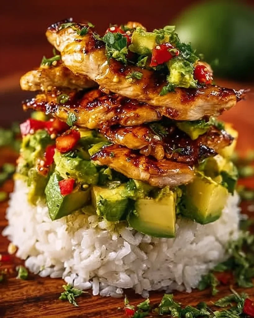 Honig-Limetten-Hühnchen mit Avocado-Reis-Stack auf einem Teller serviert.