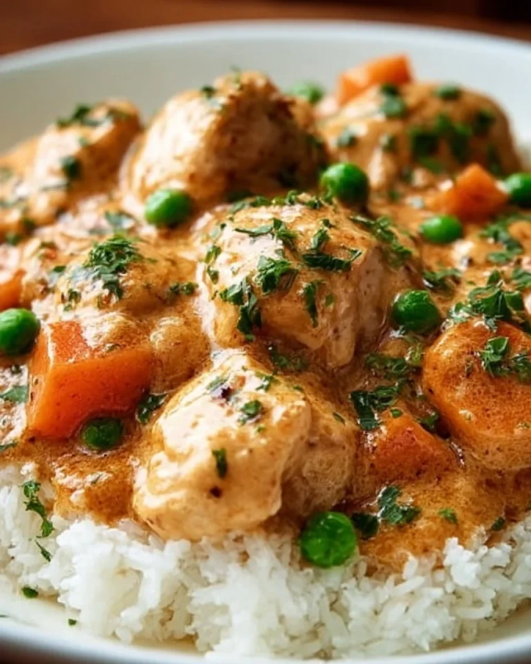 Leckeres Hühnerfrikassee in einer Schüssel, serviert mit frischem Gemüse