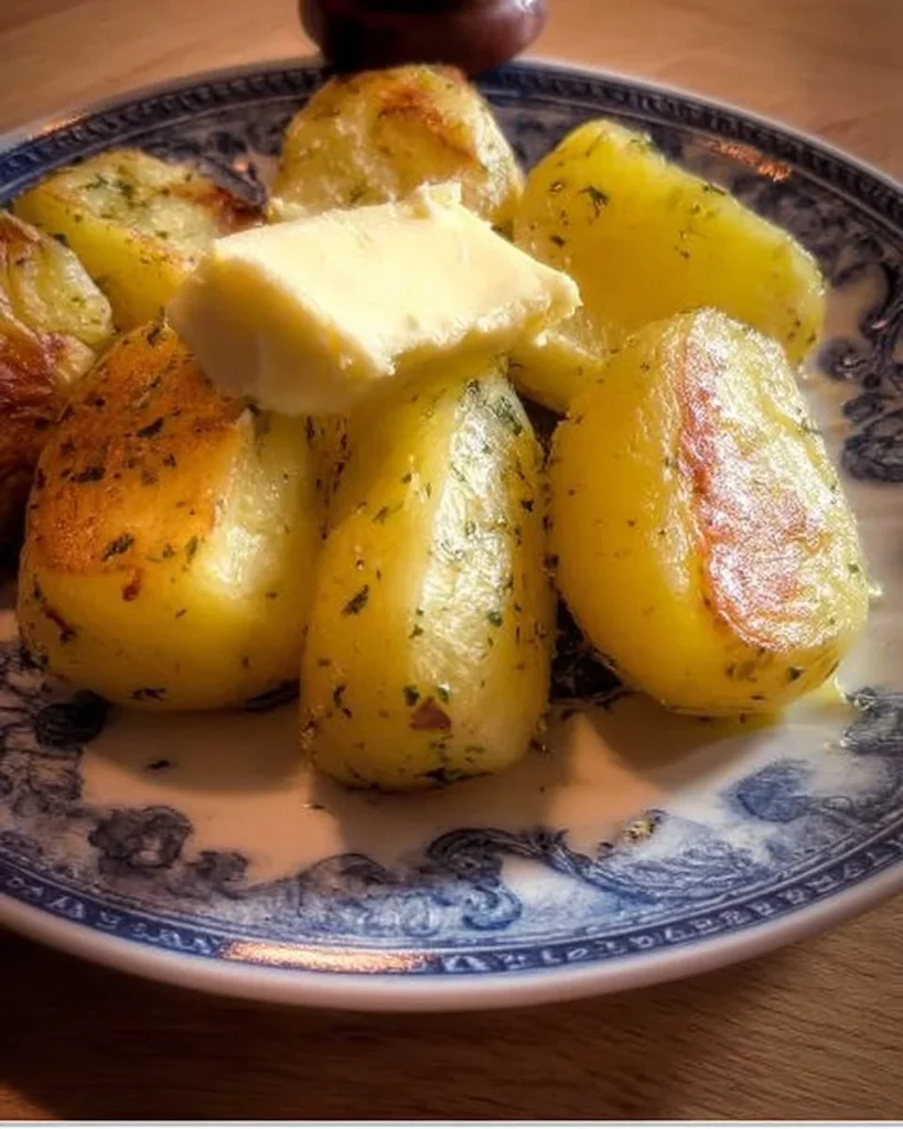 Erdapfel mit Butter auf einem Teller, serviert mit frischen Kräutern
