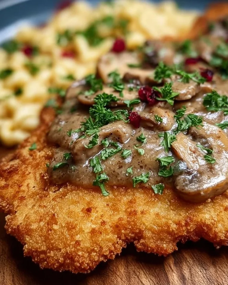 Jägerschnitzel serviert mit Pilzsoße und Beilagen