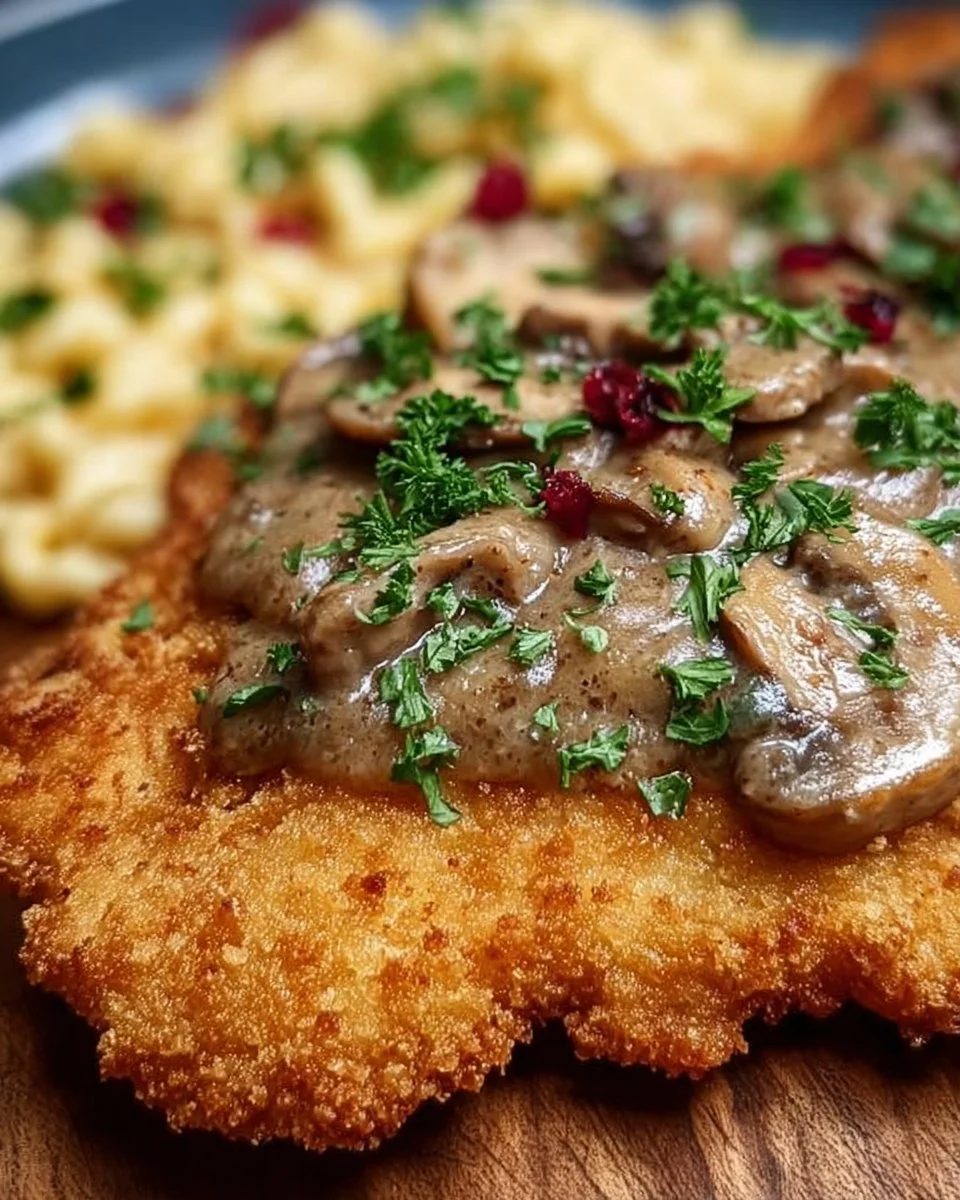 Jägerschnitzel serviert mit Pilzsoße und Beilagen