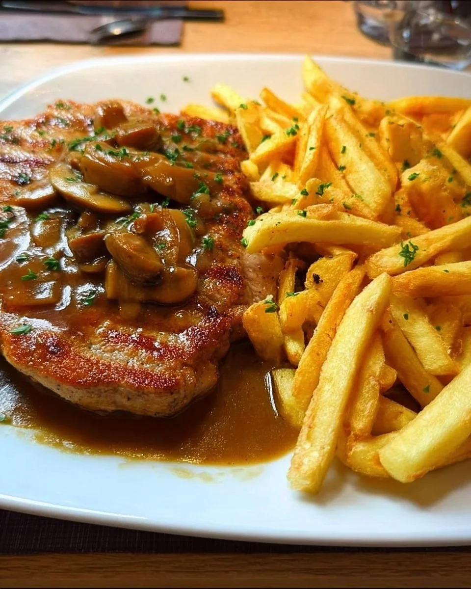 Leckeres Jägerschnitzel mit knusprigen Pommes auf einem Teller serviert