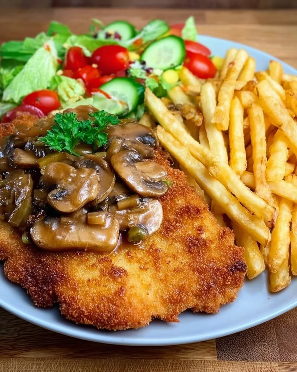 Jägerschnitzel mit Pommes und Salat auf einem Teller serviert