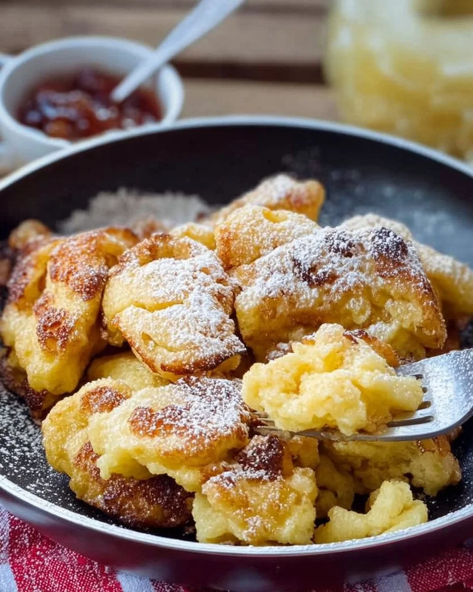 Ein köstlicher Teller Kaiserschmarrn mit Puderzucker und Rosinen.