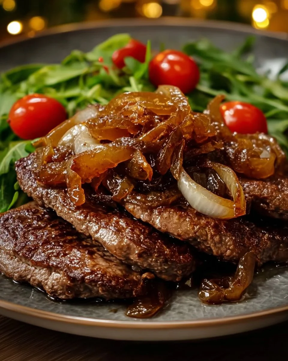 Zarte Kalbsleber mit Zwiebeln auf einem Teller serviert, appetitlich angerichtet.
