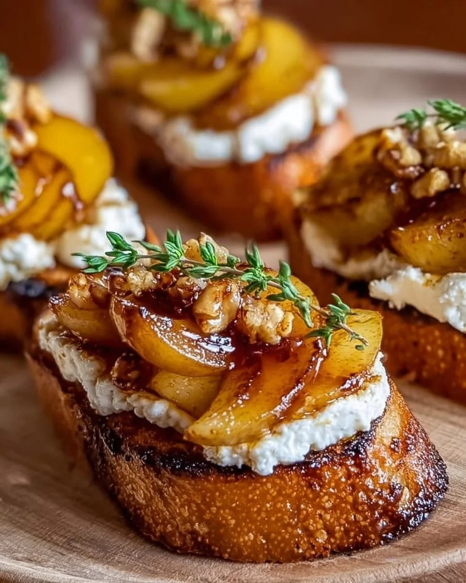 Karamellisierte Birnen und Ziegenkäse auf knusprigen Crostini