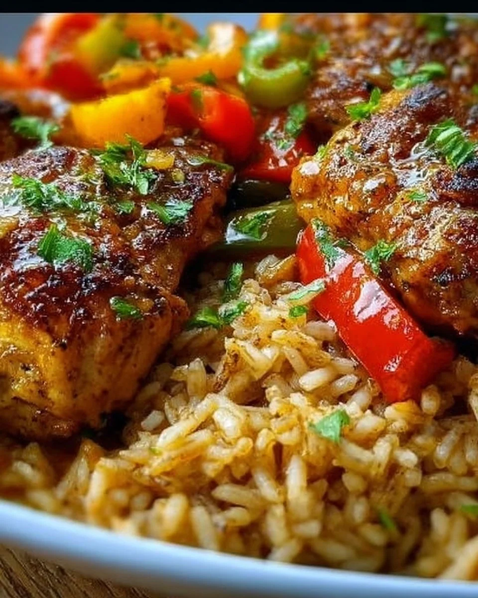 Karibisches Hähnchen mit Reis auf einem Teller serviert