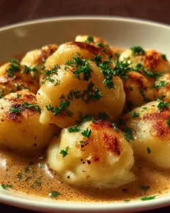 Hausgemachte Kartoffelklöße mit Soße auf einem Teller angerichtet