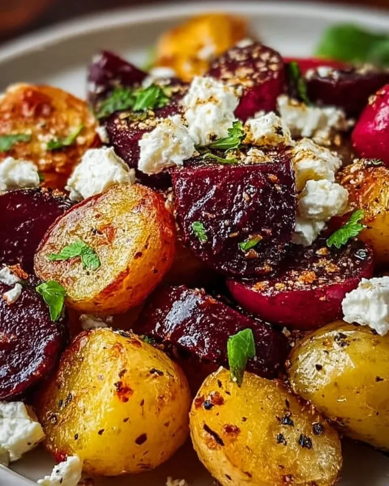Überbackene Kartoffeln mit Rote Bete und Feta auf einem Teller