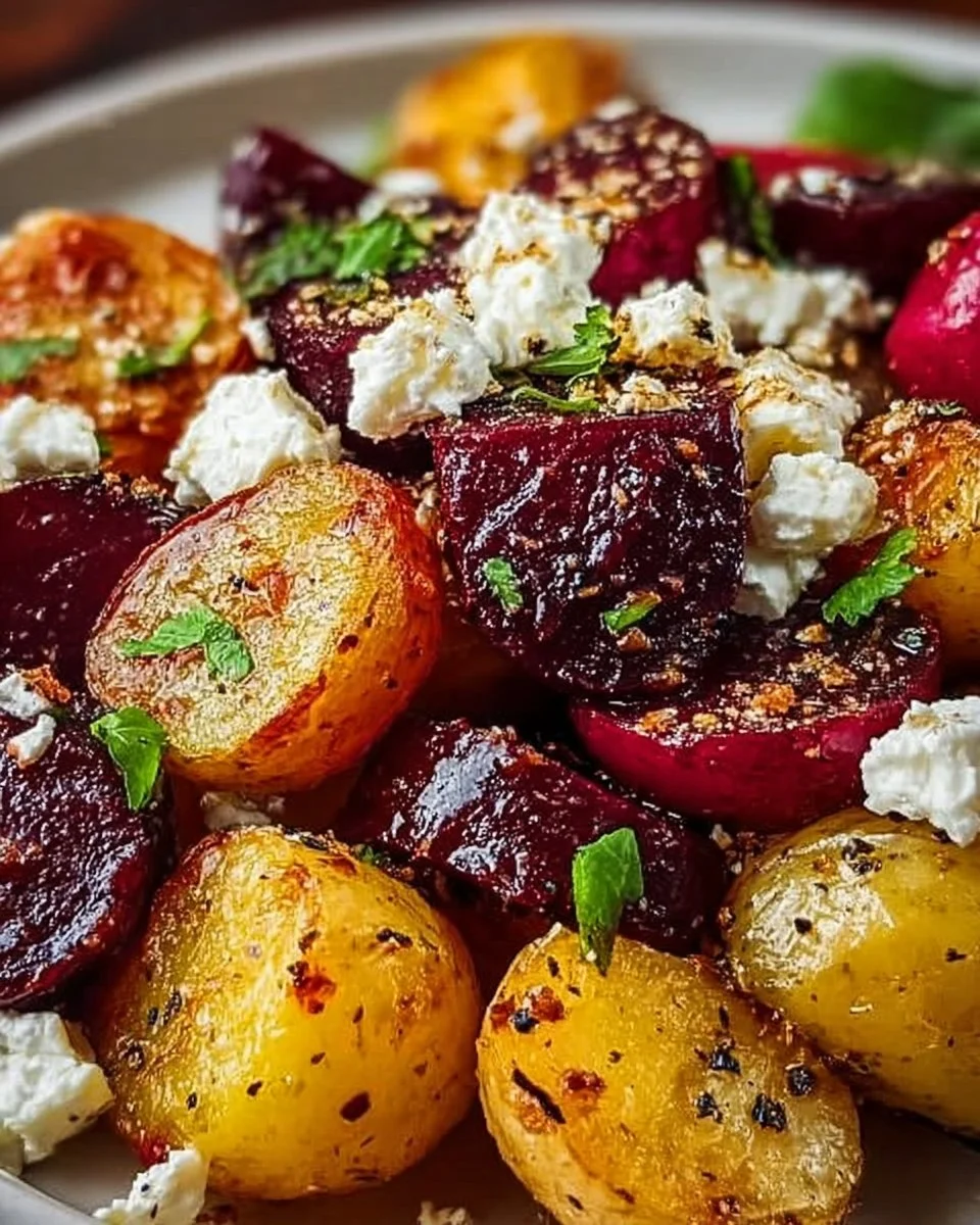 Überbackene Kartoffeln mit Rote Bete und Feta auf einem Teller