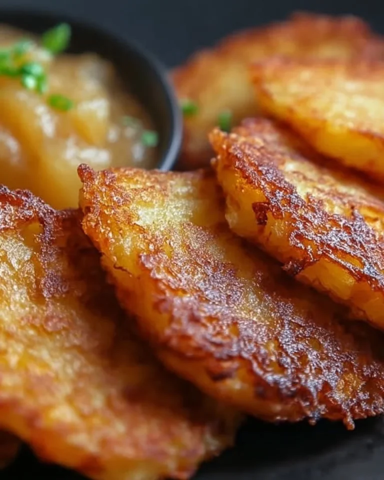 Knusprige Kartoffelpuffer mit Apfelmus serviert.