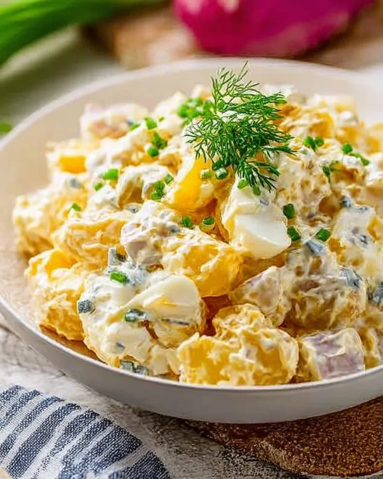 Schüssel mit cremigem Kartoffelsalat mit Mayonnaise und frischen Kräutern