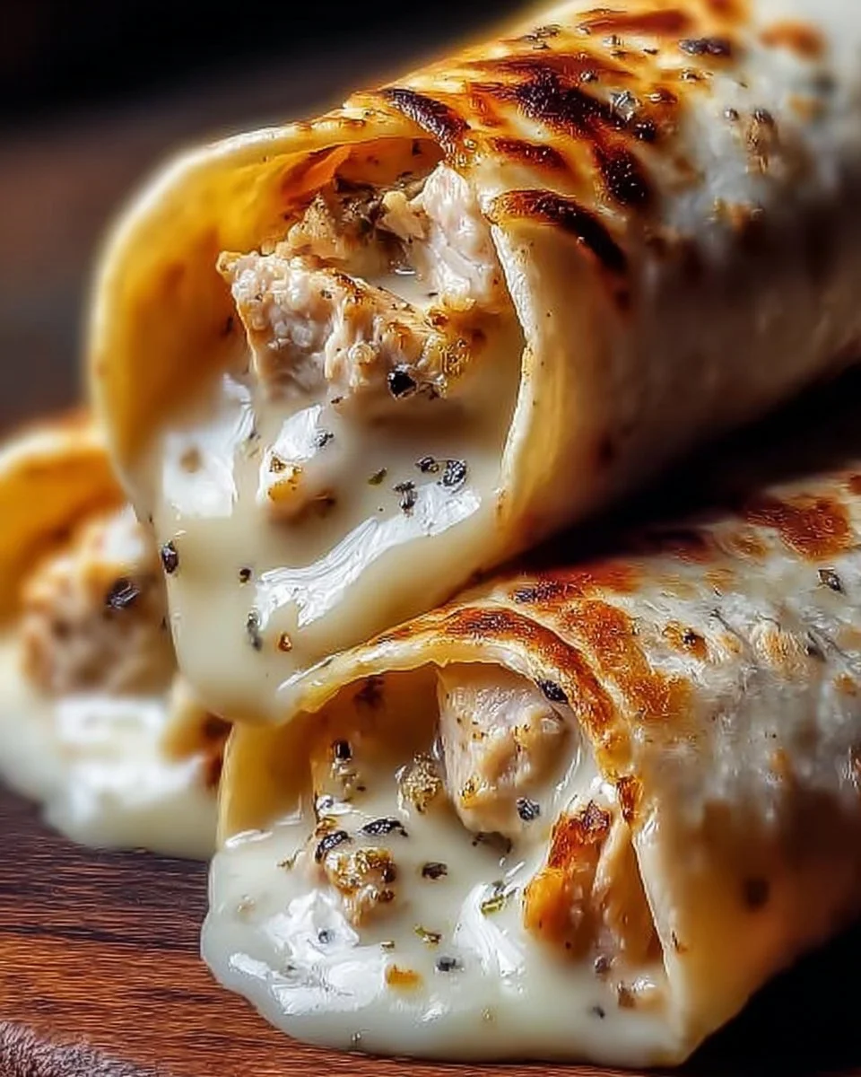 Käse-Knoblauch-Hähnchen-Wraps lecker serviert auf einem Holzbrett