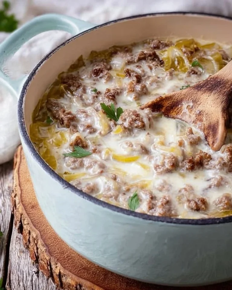 Käse-Lauch-Suppe mit Hackfleisch in einer Schüssel serviert