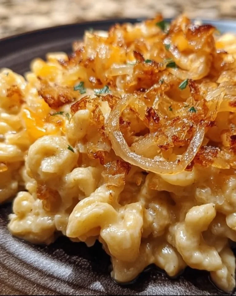 Käsepätzle mit geschmolzenem Käse und Röstzwiebeln serviert